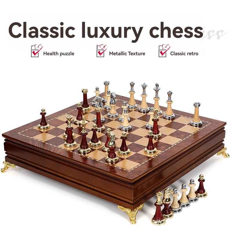 Board Games |   Deluxe Wooden Chess Set With Heavy Metal Chessmen And Storage Box Board Games Board Games