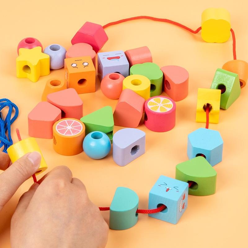 Preschool Building Sets & Blocks |   Hape String-Along Shapes 32-Piece Wooden Lacing & Stacking Toy Building Blocks & Sets Preschool Building Sets & Blocks