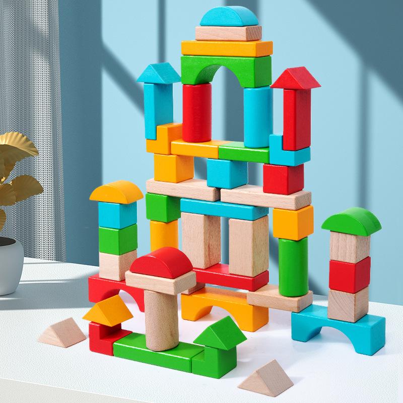 Wood & Jumbo Blocks |   Hape 50-Piece Maple Wood Kids Building Blocks Set – Colorful Stacking Blocks Building Blocks & Sets Wood & Jumbo Blocks